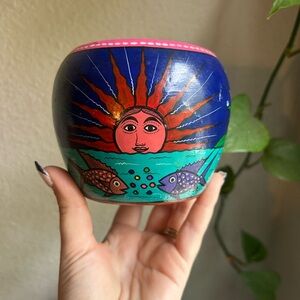 Whimsy Hand-Painted Moon and Sun Folk Art Style Small Planter